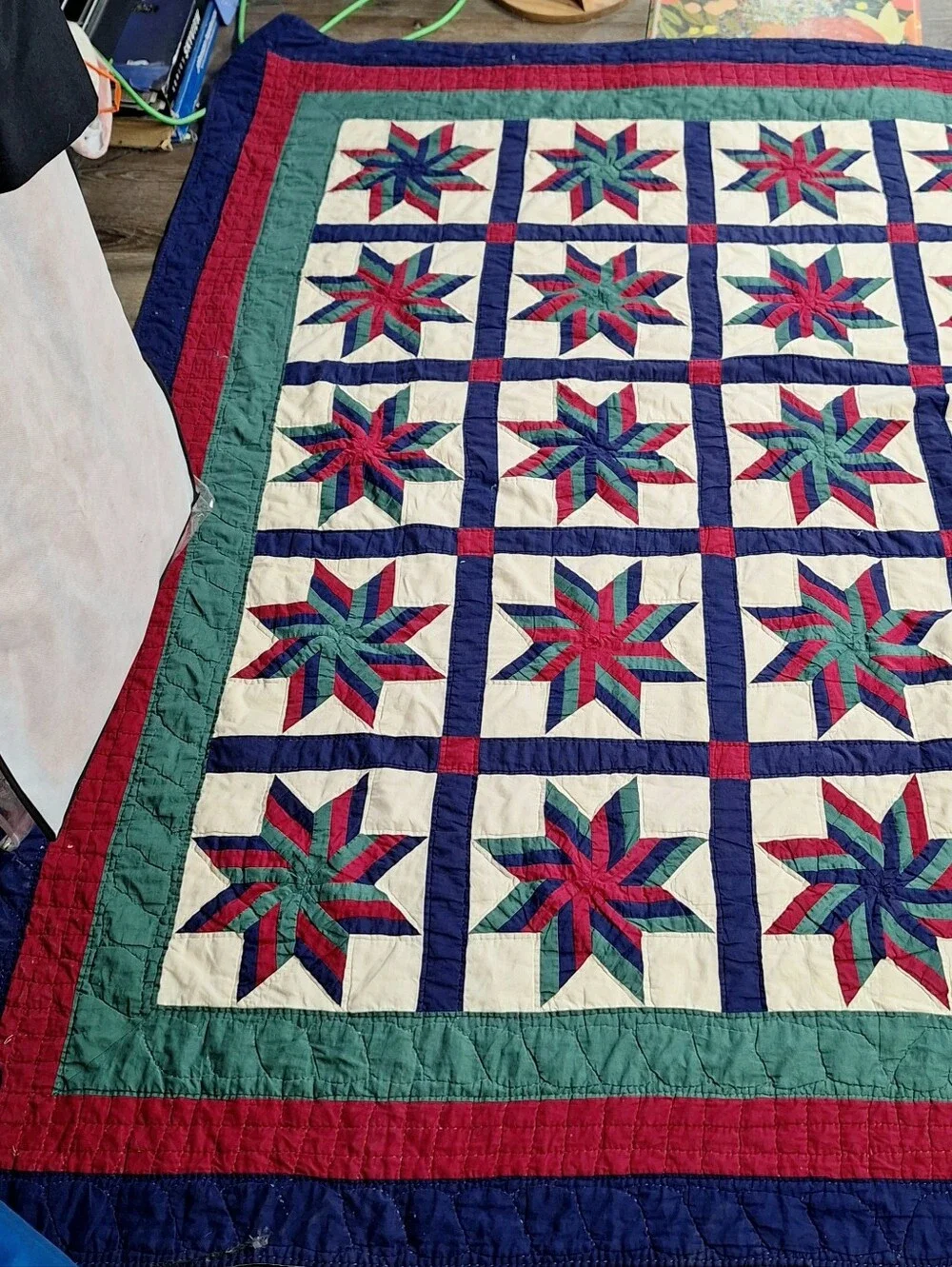 Handmade Vintage "LeMoyne Star or Blazing Star" Patriotic Quilt, 80 X 80 - Picture 3 of 13
